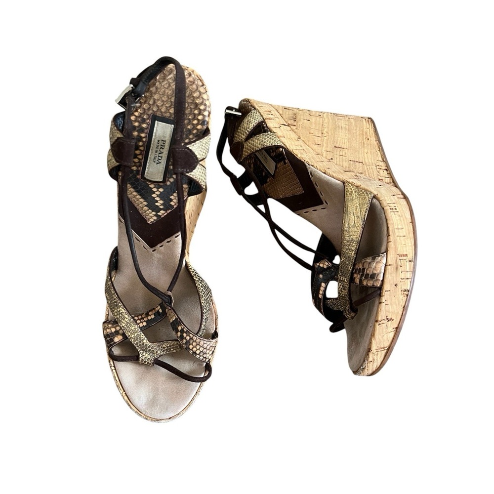 Prada Y2K Snake Print Strappy Sandals Cork Wedge Sz 38.5 Boho Contemporary